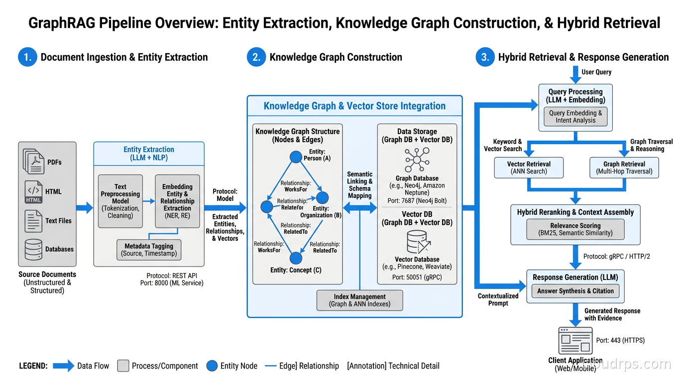 GraphRAG pipeline overview showing entity extraction, knowledge graph construction, and hybrid retrieval