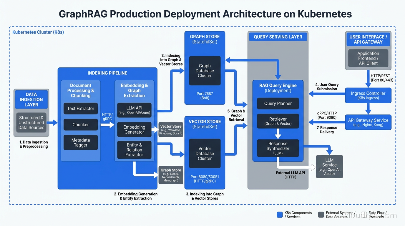 GraphRAG production deployment architecture on Kubernetes showing indexing pipeline, graph store, vector store, and query serving layer