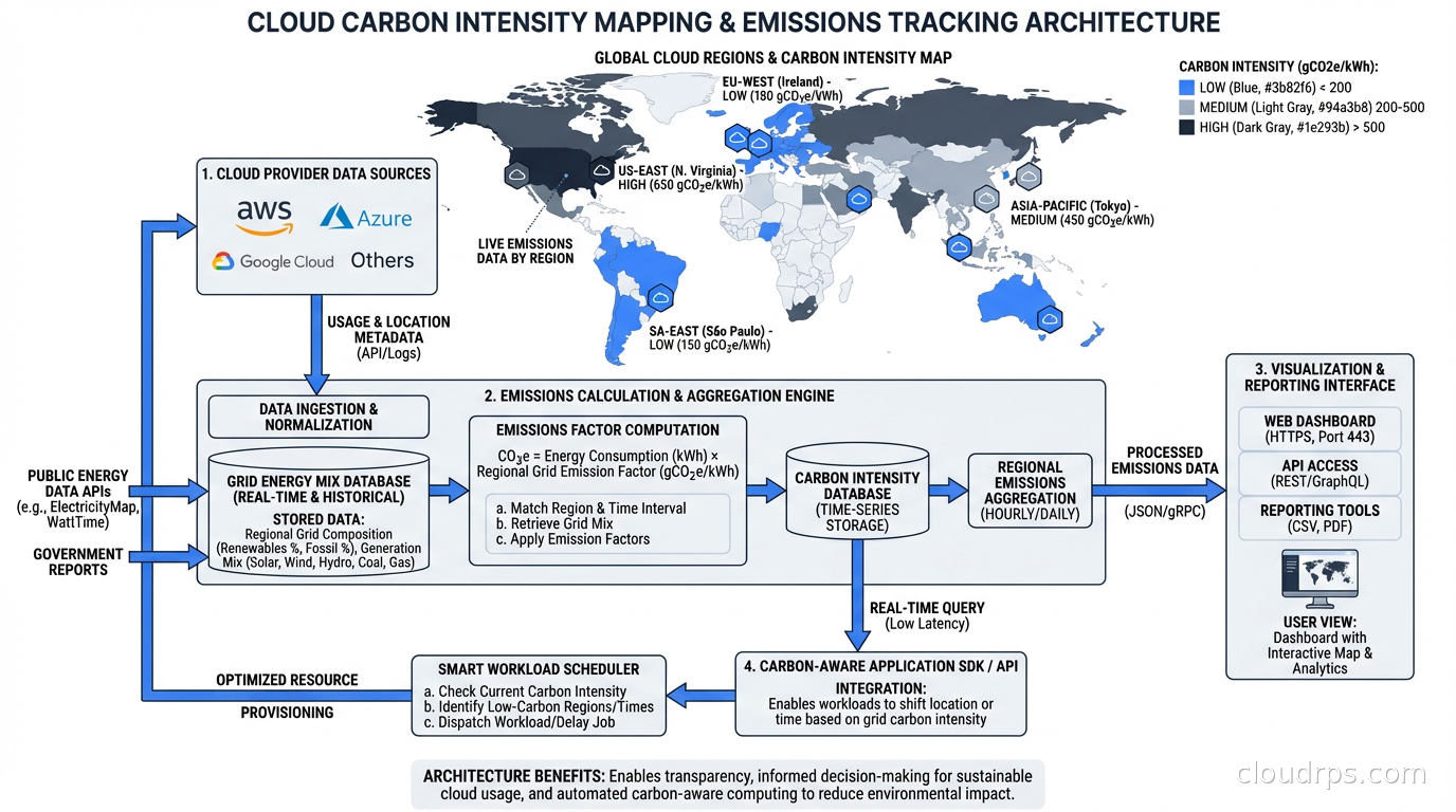 Carbon intensity map showing emissions by cloud region and grid energy mix