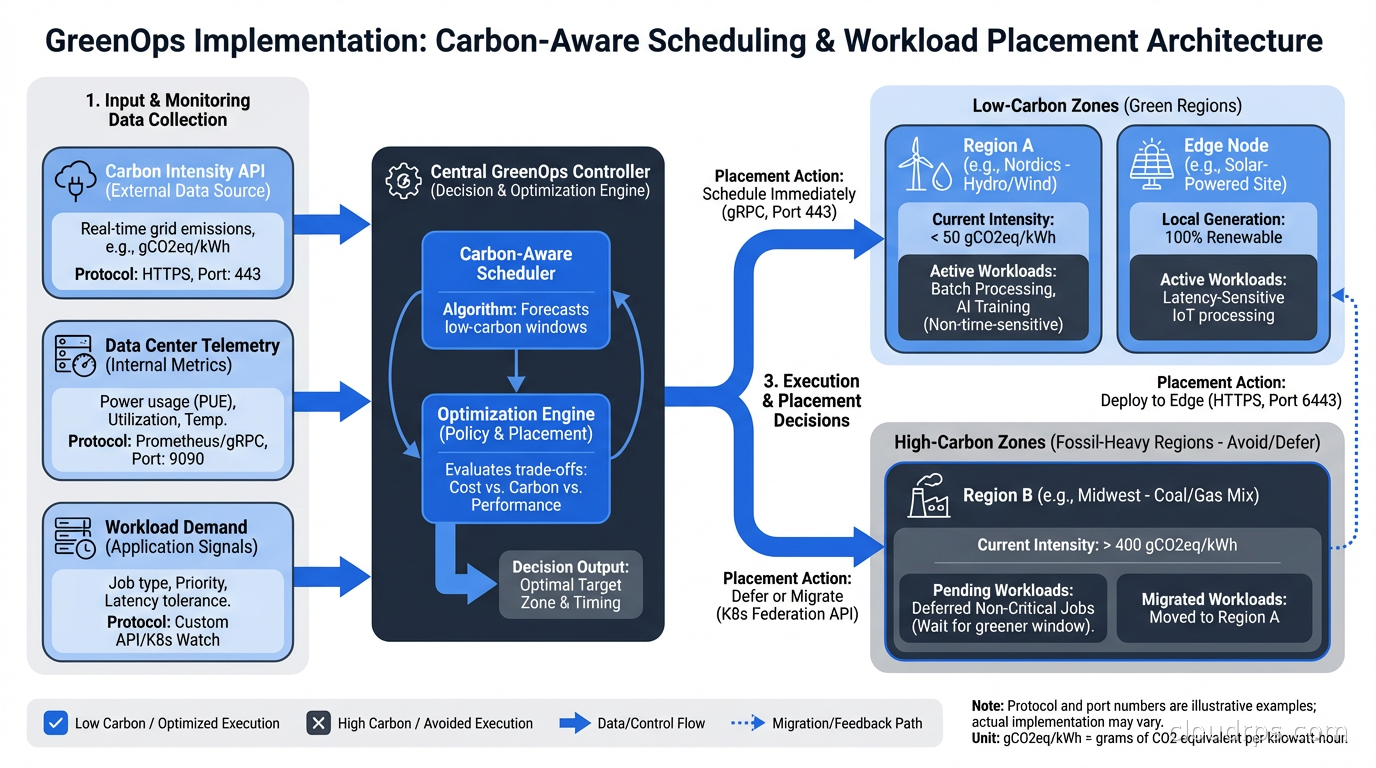 GreenOps implementation showing carbon-aware scheduling and workload placement decisions