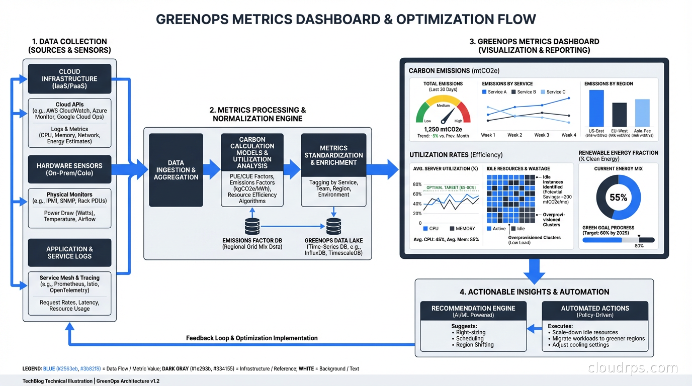 GreenOps metrics dashboard showing carbon emissions, utilization rates, and renewable energy fraction by service