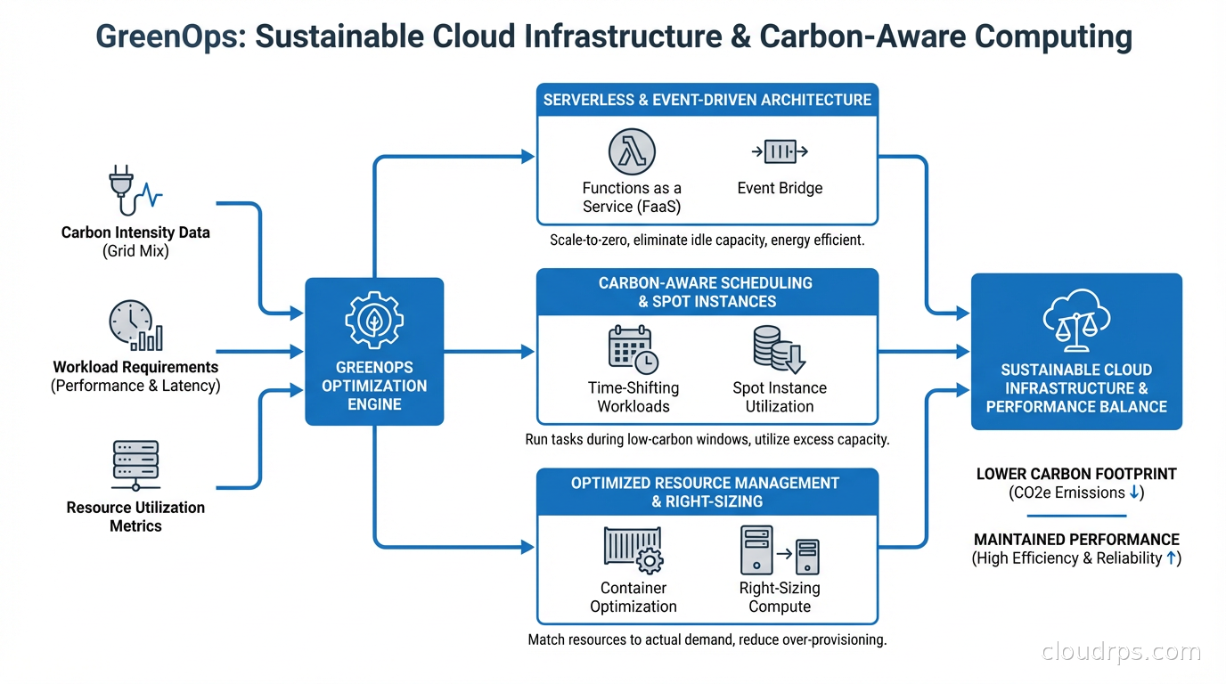 Green cloud infrastructure diagram showing carbon-aware computing and sustainable architecture patterns