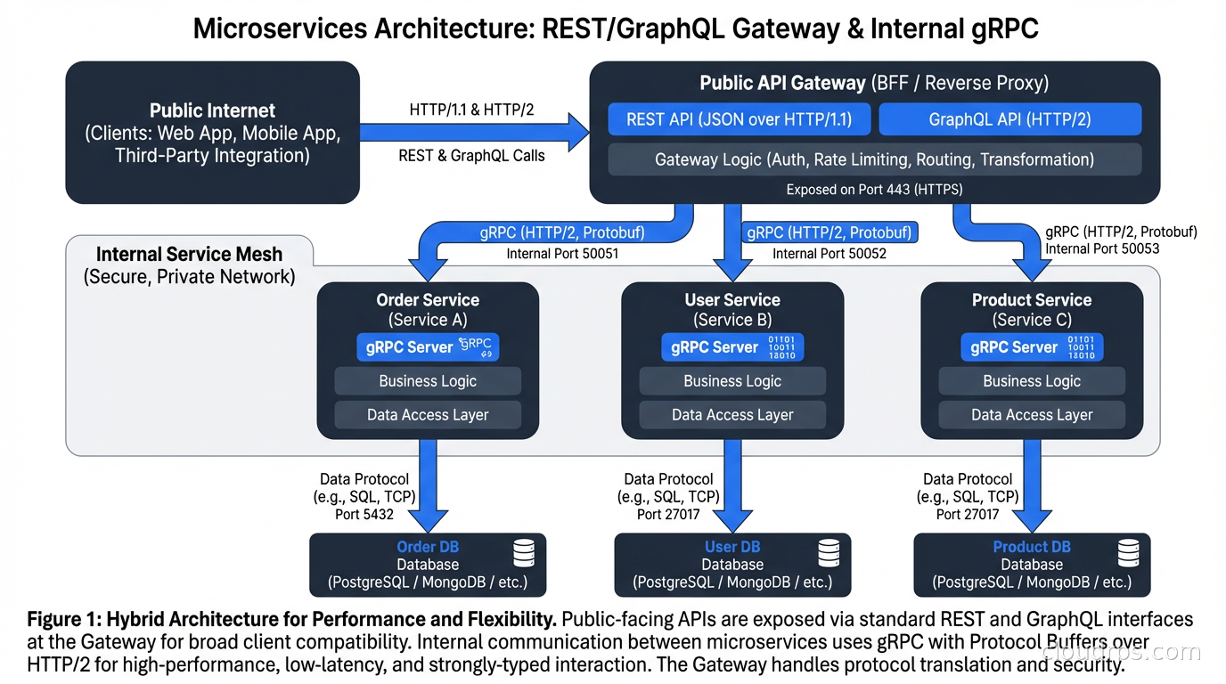 Architecture showing gRPC for internal services and REST/GraphQL at the public API gateway boundary