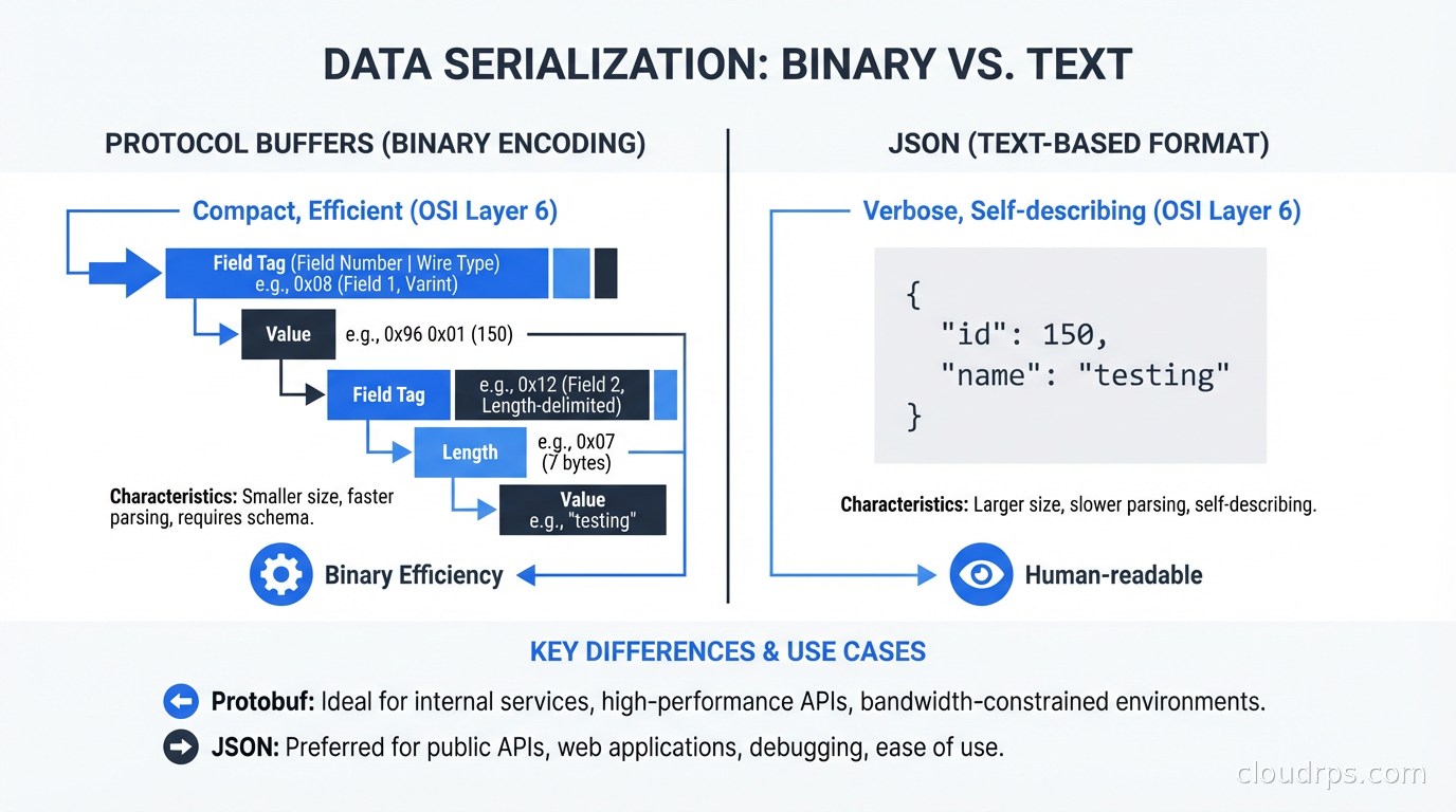 Protocol Buffer binary encoding diagram showing field number and wire type encoding compared to JSON