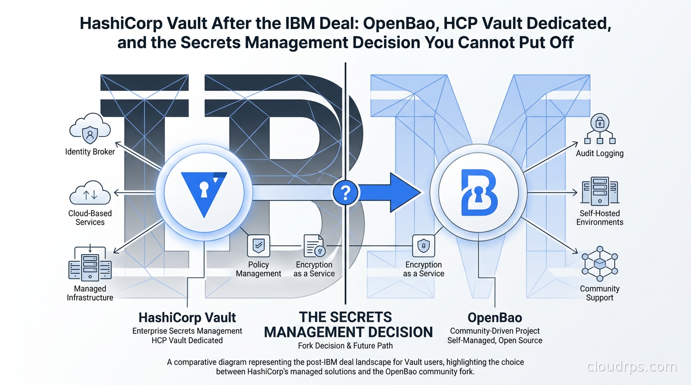 Split-screen diagram comparing HashiCorp Vault and OpenBao logos with an IBM backdrop, representing the secrets management fork decision