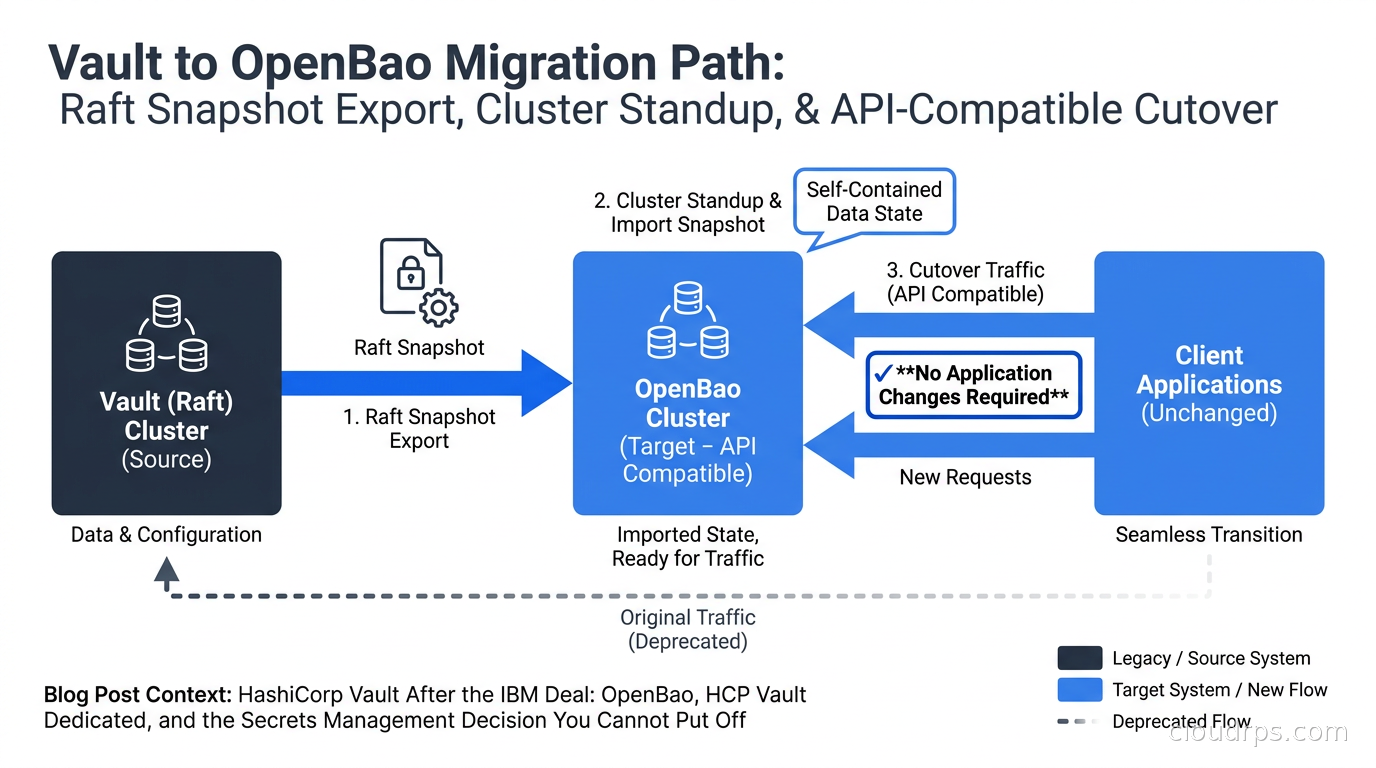 Vault to OpenBao migration path: raft snapshot export, cluster standup, API-compatible cutover with no application changes required