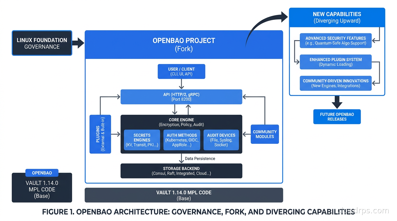 OpenBao architecture: Linux Foundation governance, forked from Vault 1.14.0 MPL code, with new capabilities diverging upward