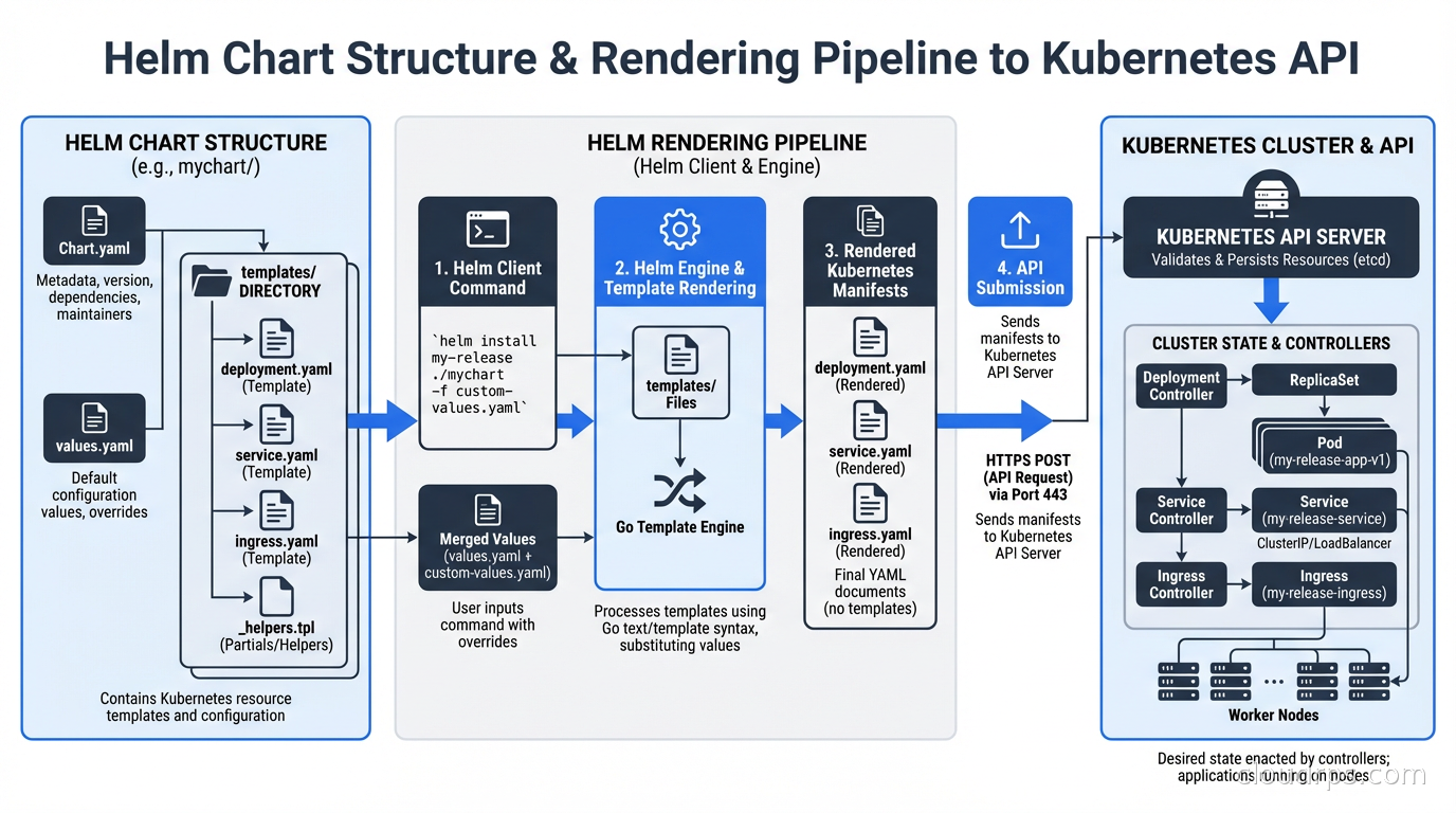 Helm chart structure showing Chart.yaml, values.yaml, templates directory, and the rendering pipeline to Kubernetes API