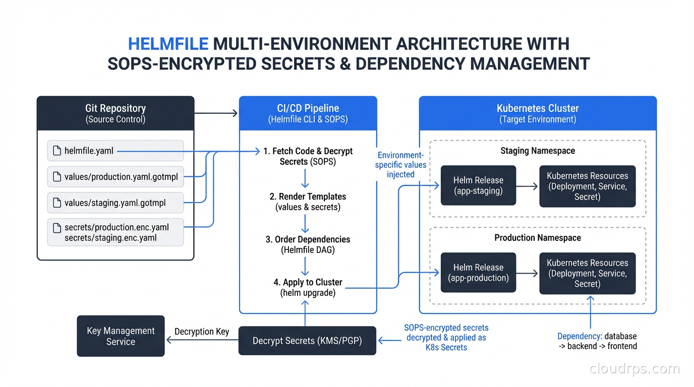 Helmfile multi-environment architecture with environment-specific values, dependency ordering, and SOPS-encrypted secrets flowing into a Kubernetes cluster