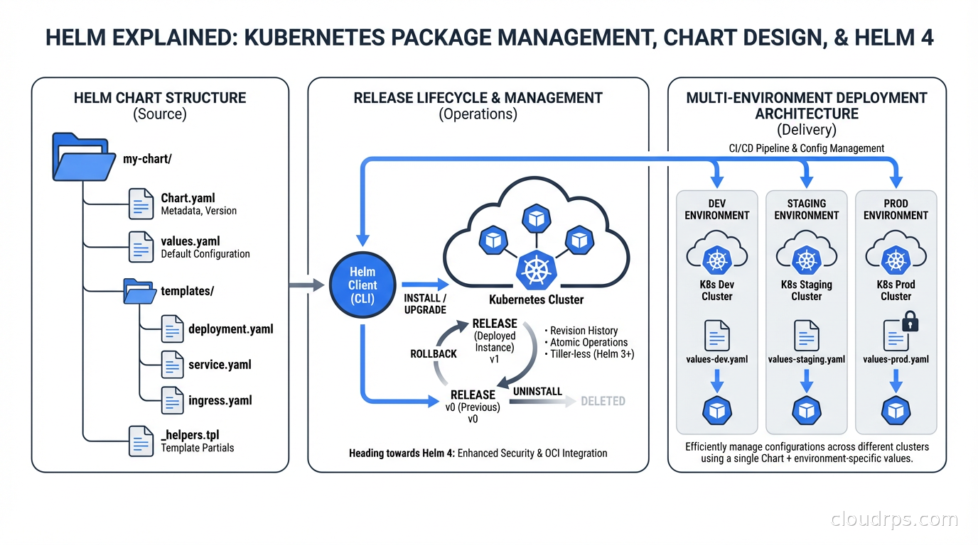 Helm Kubernetes package manager showing chart structure, release lifecycle, and multi-environment deployment architecture