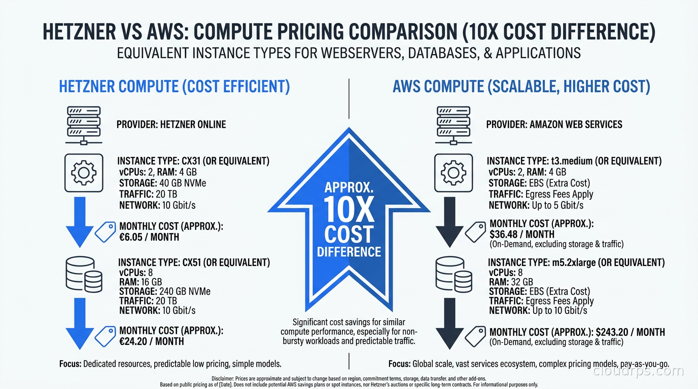 Hetzner vs AWS compute pricing comparison showing 10x cost difference for equivalent instance types