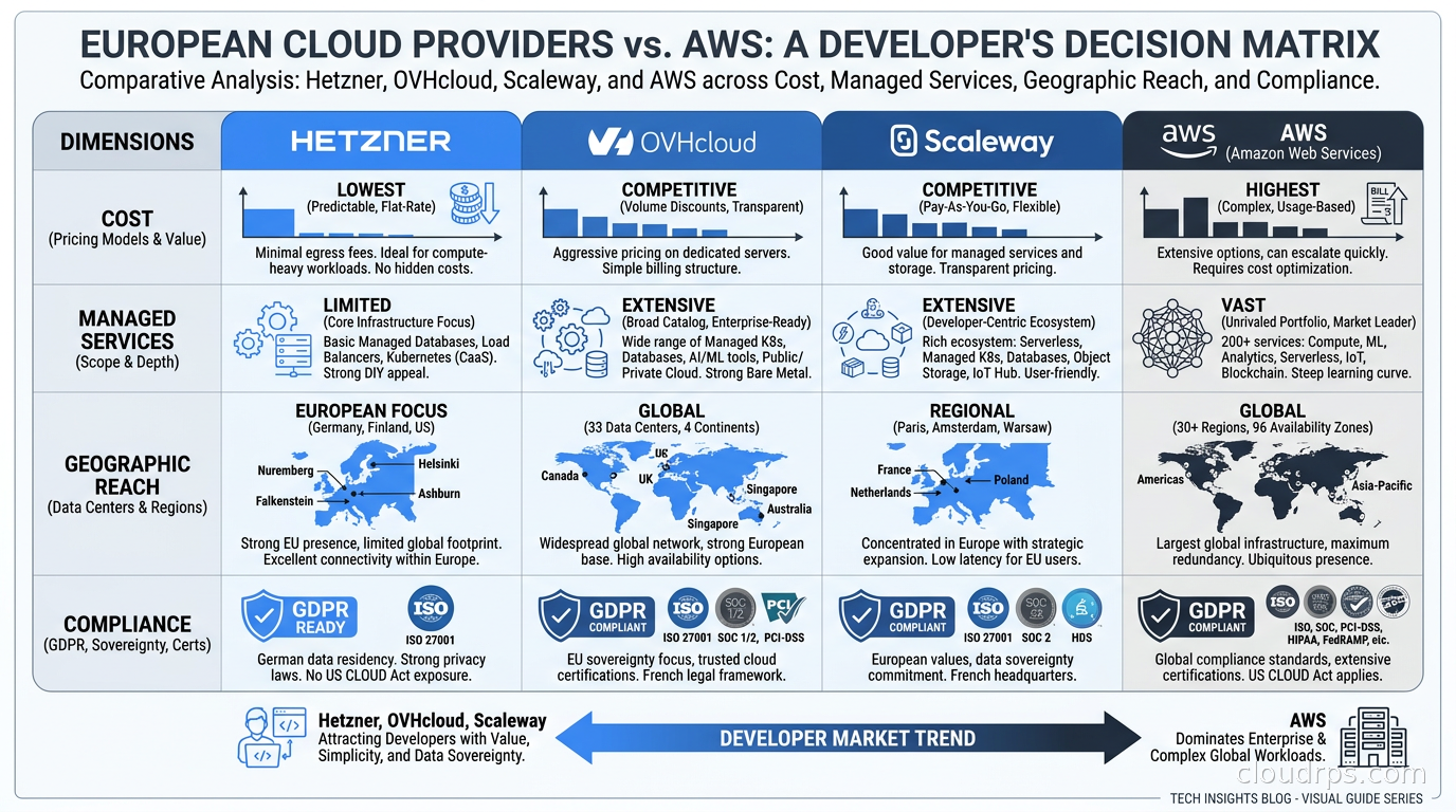 Decision matrix comparing Hetzner, OVHcloud, Scaleway, and AWS across dimensions of cost, managed services, geographic reach, and compliance