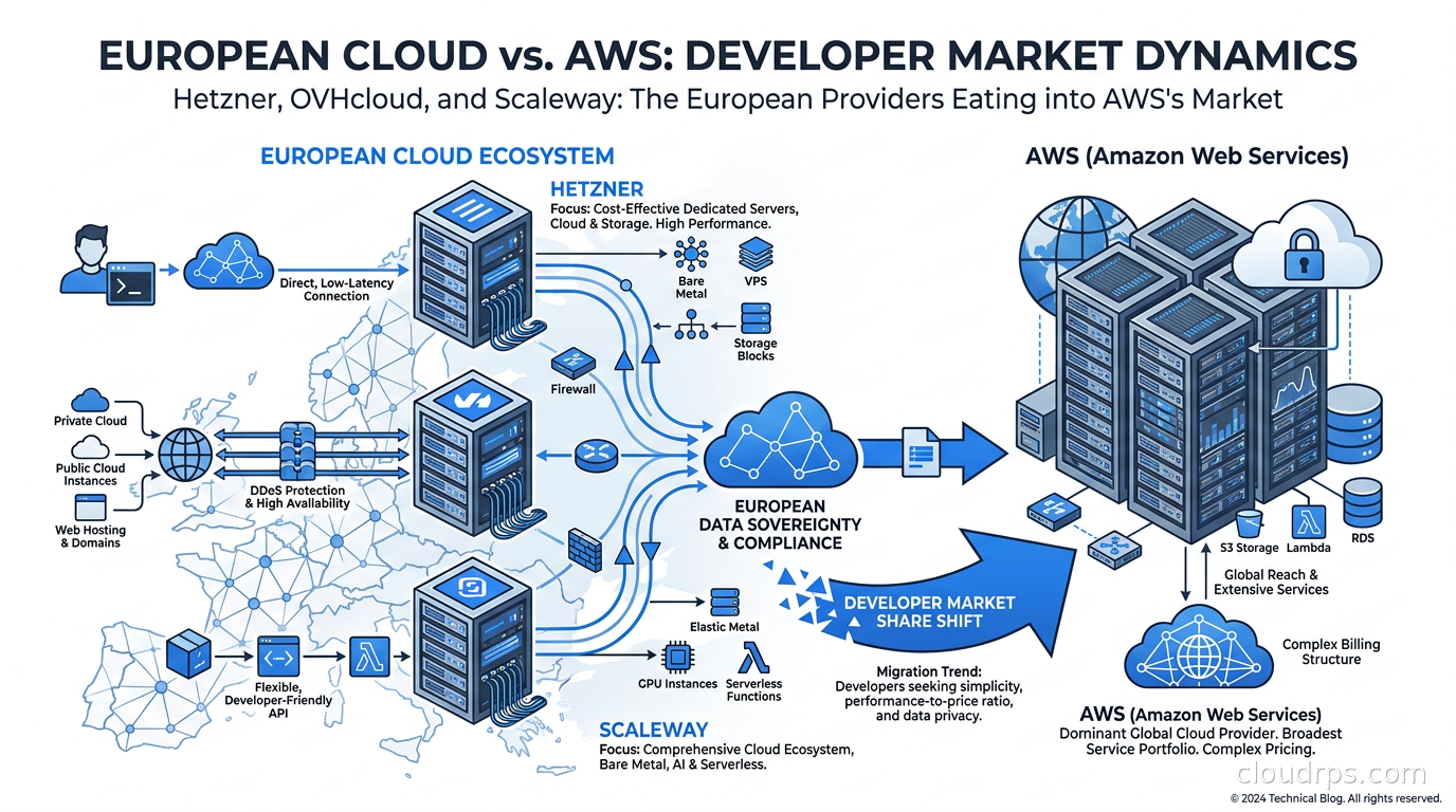 European cloud provider comparison showing Hetzner, OVHcloud, and Scaleway server racks in modern data centers