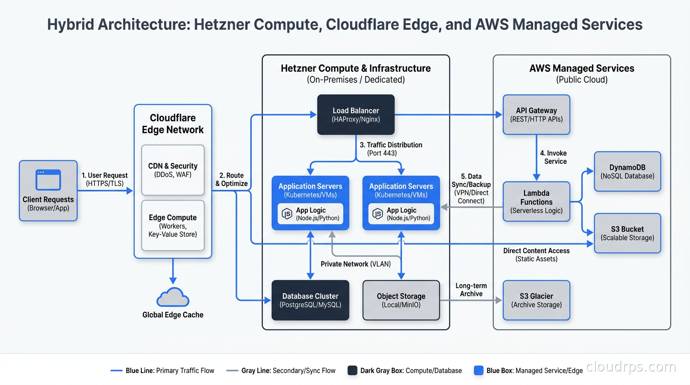 Architecture diagram showing hybrid pattern with Hetzner compute, Cloudflare CDN edge, and selective AWS services for managed capabilities
