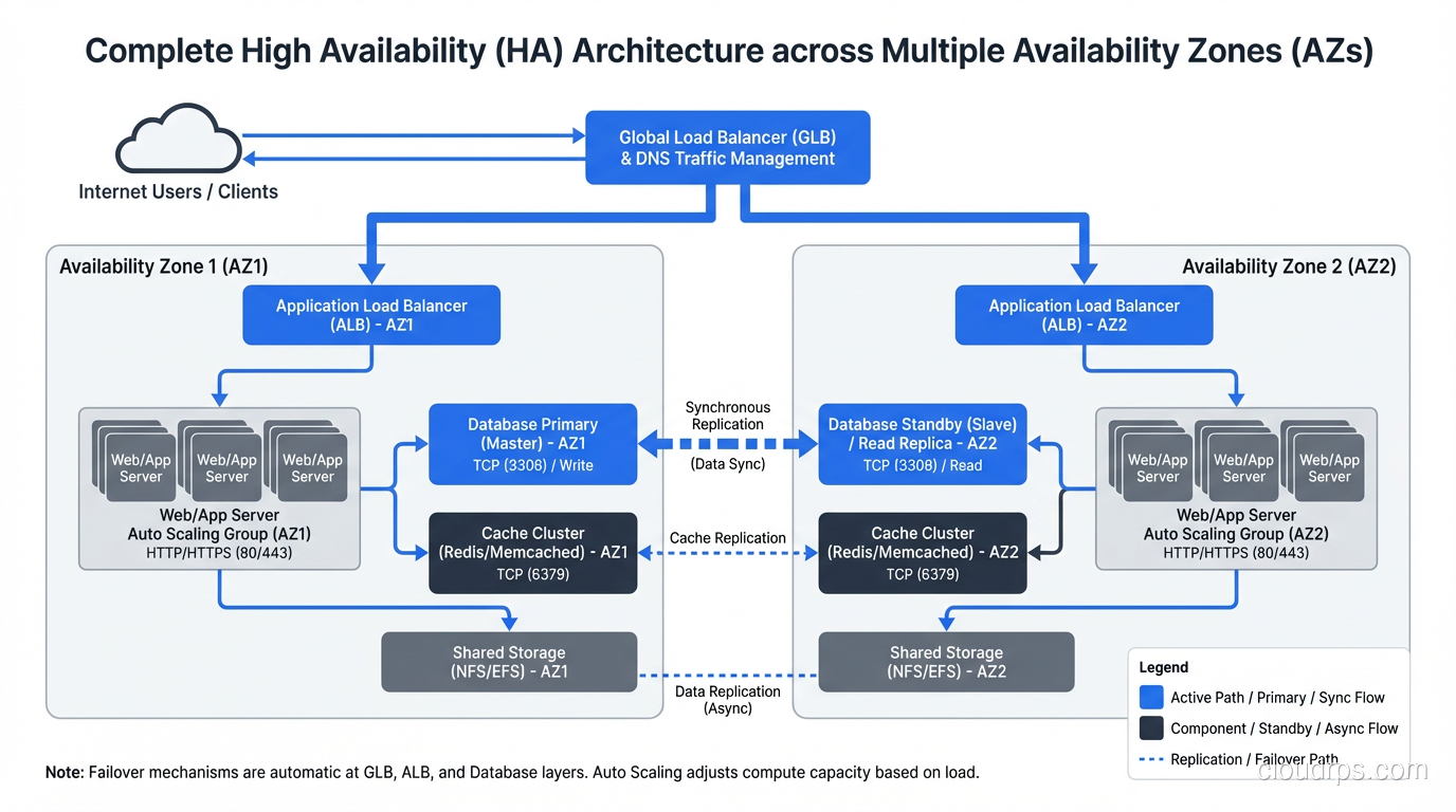 Complete HA architecture showing all patterns working together across multiple availability zones