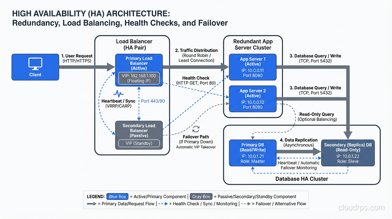 Architecture diagram showing HA patterns: redundancy, load balancing, health checks, failover