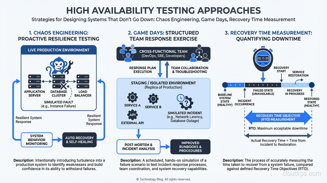 Testing approaches for high availability: chaos engineering, game days, recovery time measurement