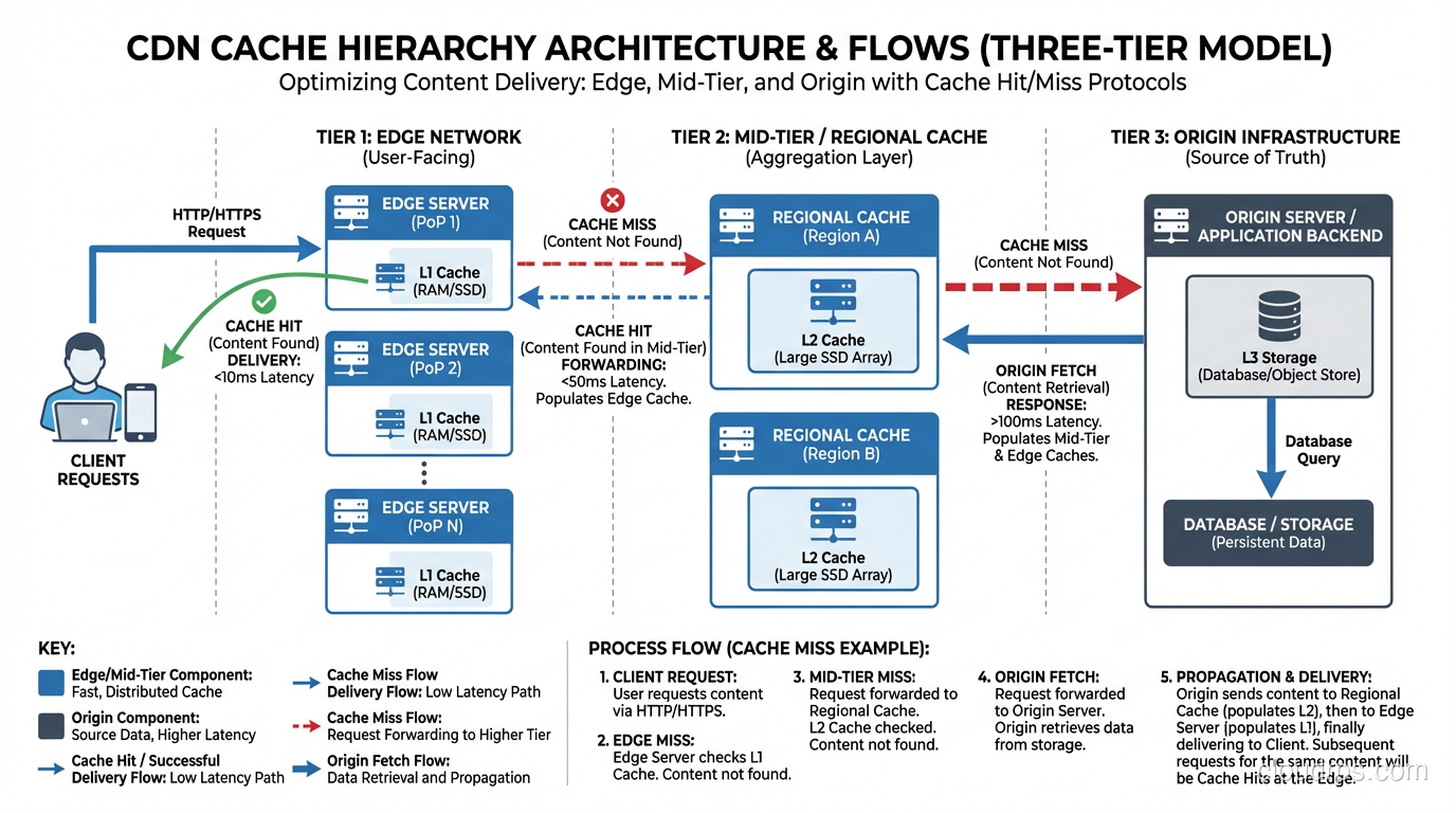 Three-tier CDN cache hierarchy showing edge, mid-tier, and origin with cache hit/miss flows