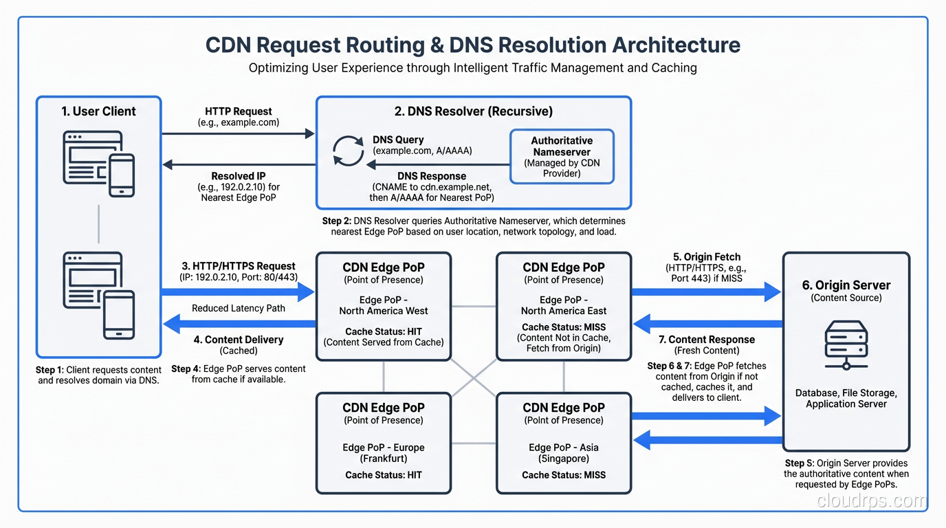 CDN request routing showing DNS resolution directing users to their nearest edge PoP