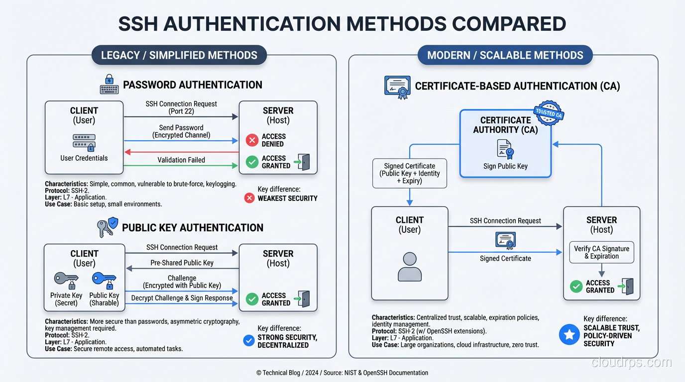 SSH authentication methods compared: password, public key, and certificate-based
