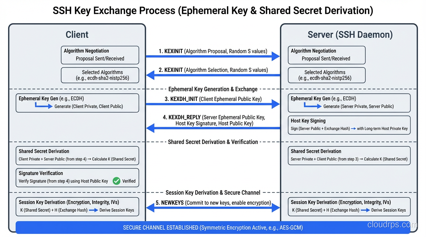 Diagram of the SSH key exchange process showing ephemeral key generation and shared secret derivation
