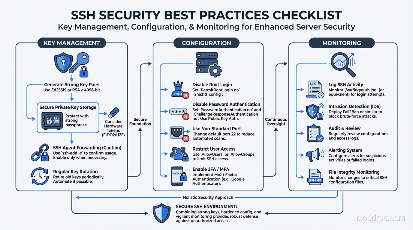 SSH security best practices checklist covering key management, configuration, and monitoring