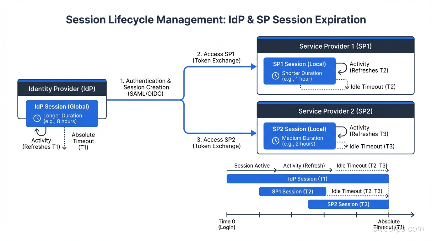 Session lifecycle diagram showing IdP session, SP sessions, and their different expiration timelines