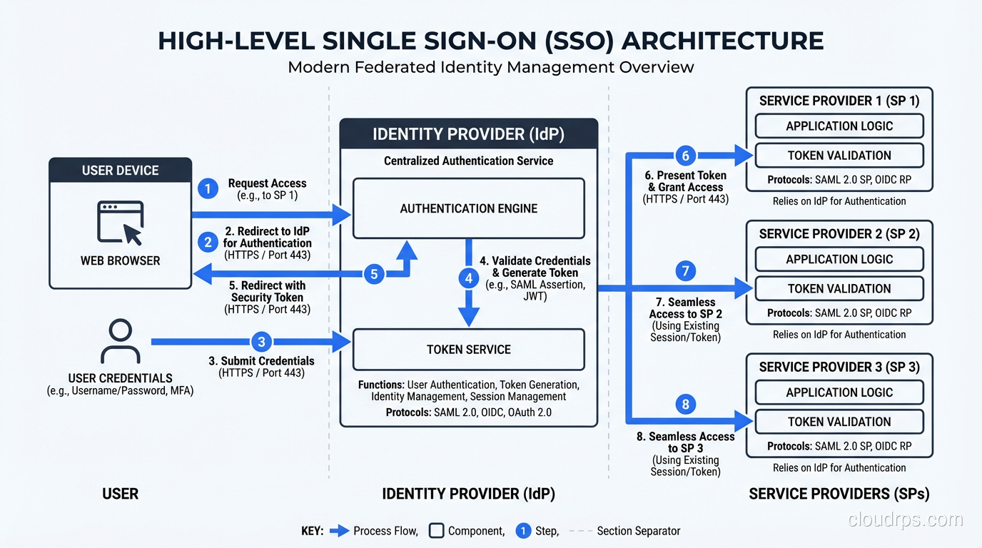 High-level SSO architecture showing identity provider and multiple service providers