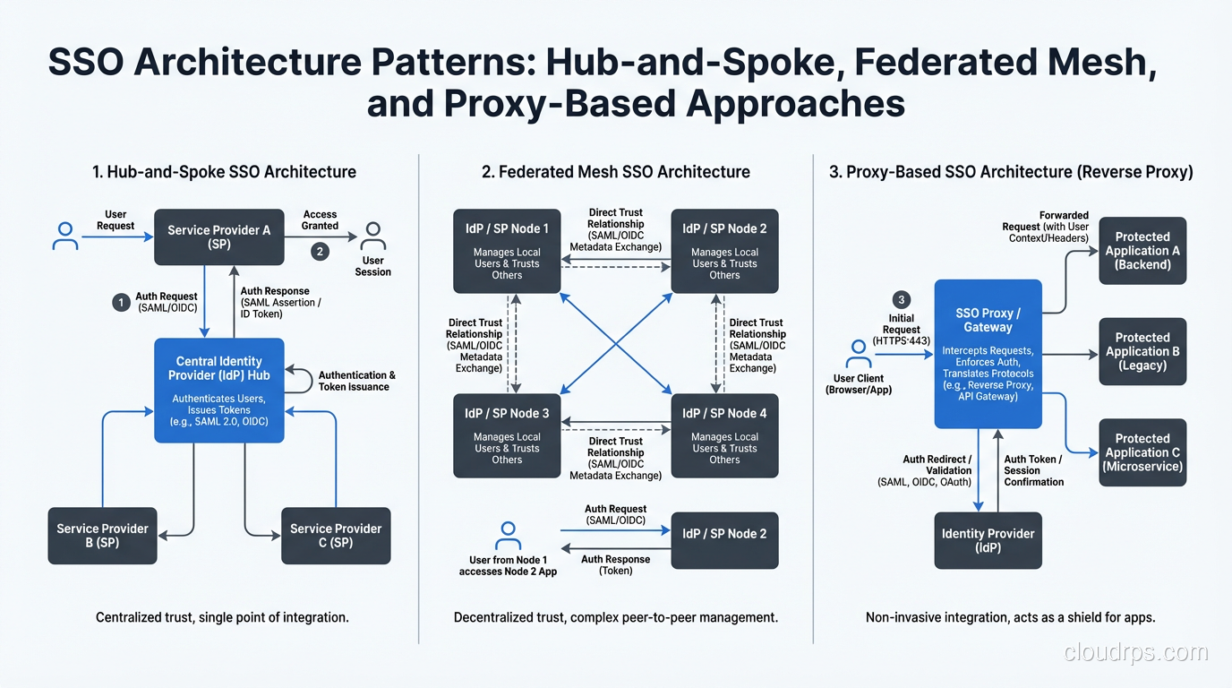 SSO architecture patterns showing hub-and-spoke, federated mesh, and proxy-based approaches