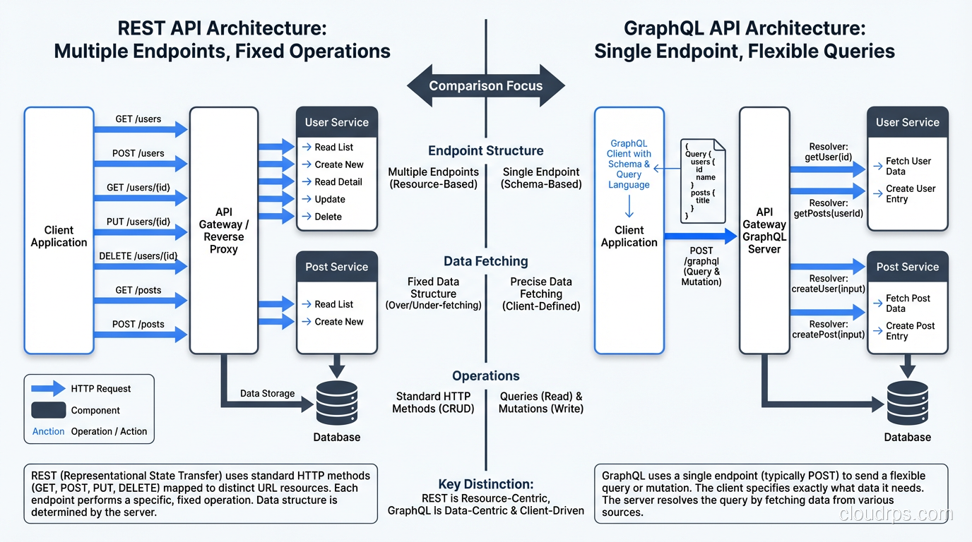 Architecture diagram showing how HTTP methods map to API operations in a typical web application, following the GraphQL vs REST comparison