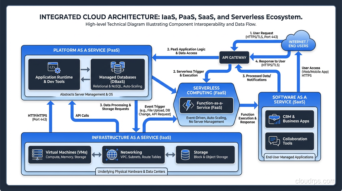 Architecture diagram showing IaaS, PaaS, SaaS, and serverless working together in a real system