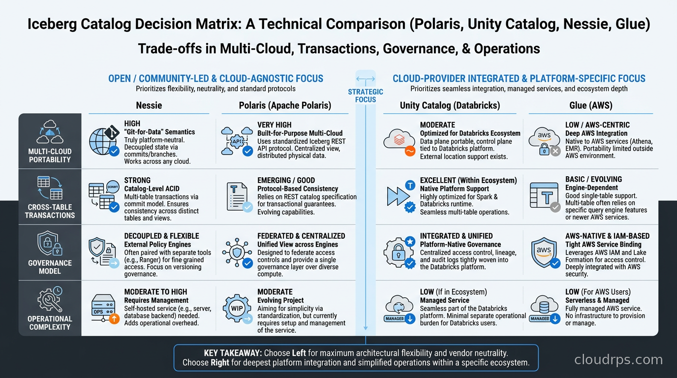 Iceberg catalog decision matrix: Polaris vs Unity Catalog vs Nessie vs Glue across dimensions of multi-cloud portability, cross-table transactions, governance model, and operational complexity