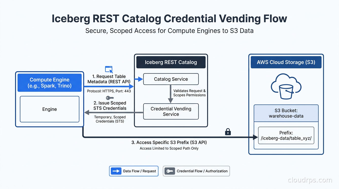 Iceberg REST catalog credential vending flow: engine requests table, catalog issues scoped STS credentials, engine accesses only that table’s S3 prefix