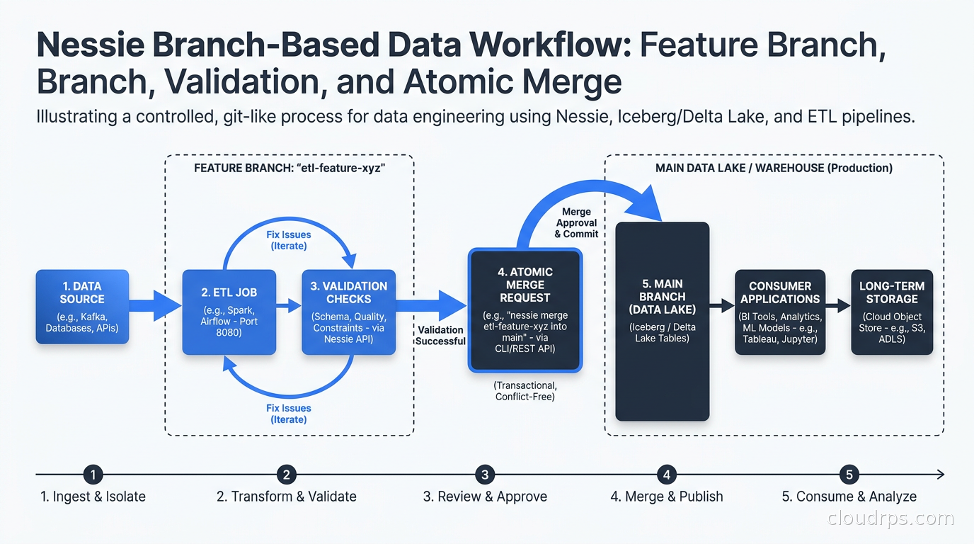 Nessie branch-based data workflow: feature branch for ETL job, validation checks, atomic merge to main