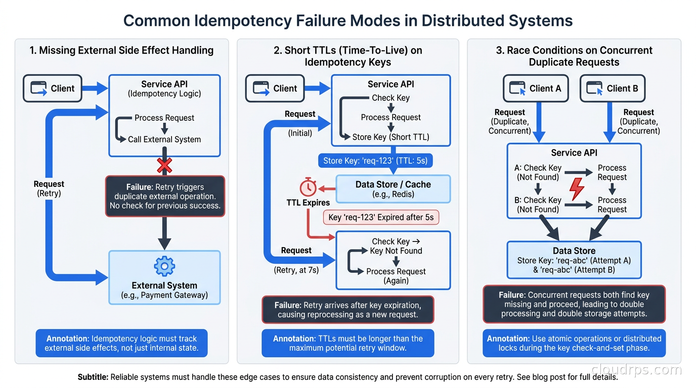Common idempotency failure modes: missing external side effect handling, short TTLs, and race conditions on concurrent duplicate requests