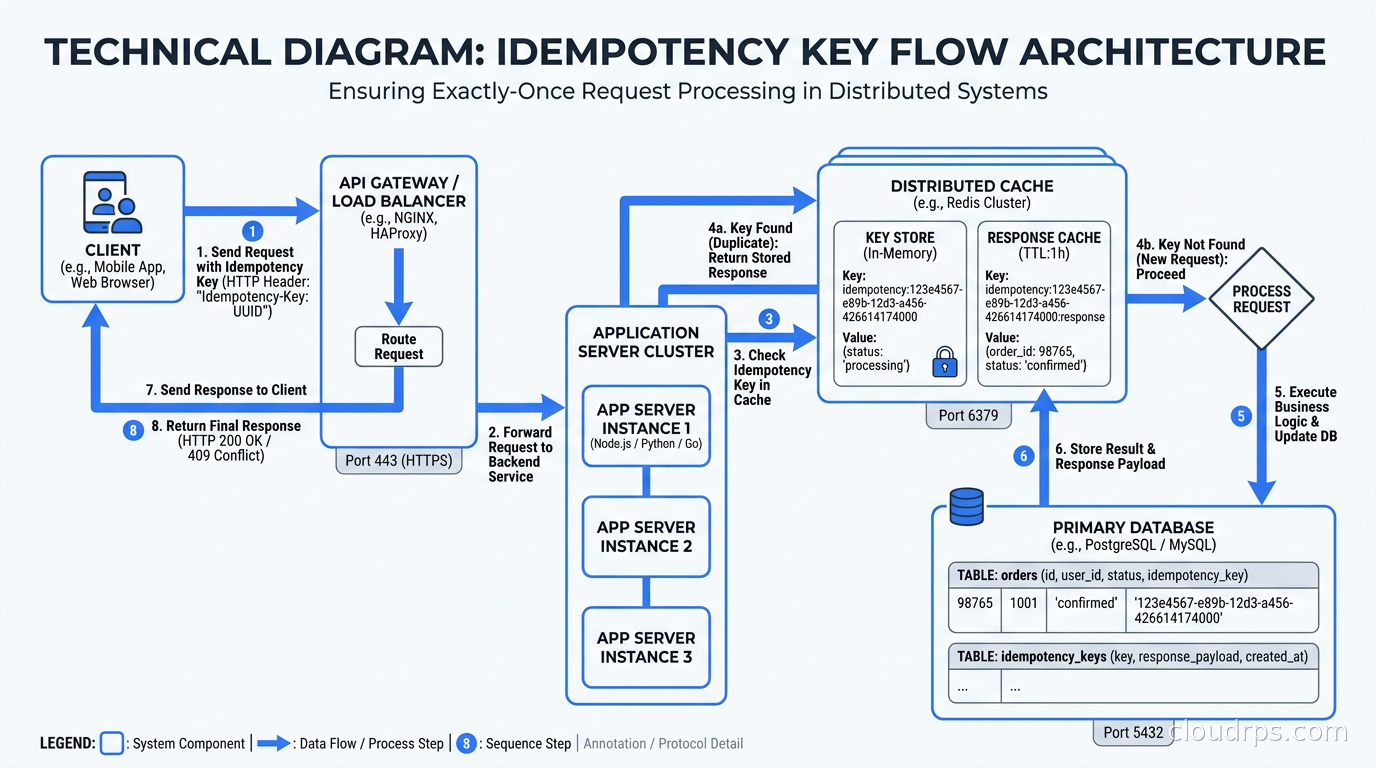 Idempotency key flow: client sends UUID header, server checks Redis then database, returns stored response for duplicates