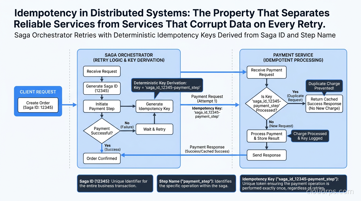 Saga orchestrator retries with deterministic idempotency keys derived from saga ID and step name, preventing duplicate charges on retry