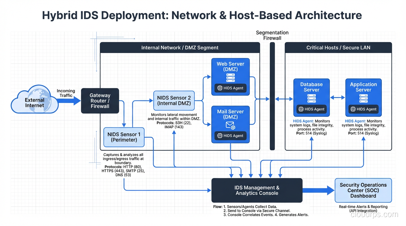 IDS deployment showing NIDS sensors at network boundaries and HIDS agents on critical hosts