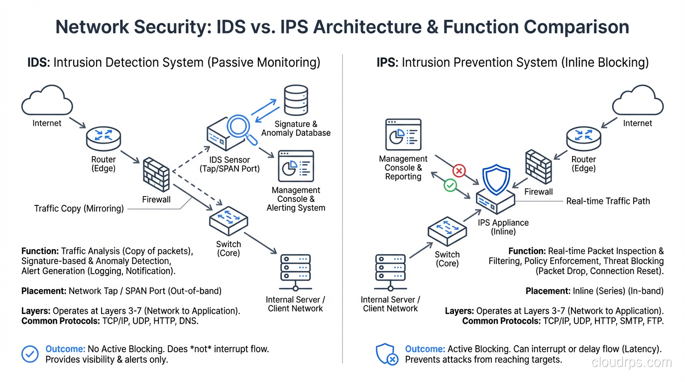 IDS vs IPS placement in network architecture showing passive monitoring vs inline blocking