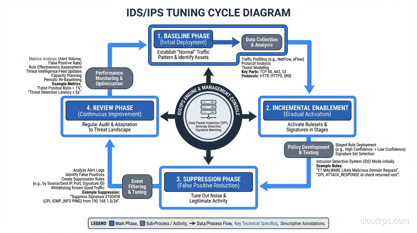 IDS/IPS tuning cycle showing baseline, incremental enablement, suppression, and review phases
