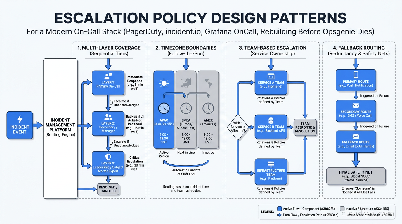 Escalation policy design patterns: multi-layer coverage, timezone boundaries, team-based escalation, and fallback routing
