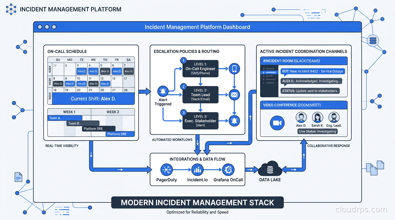 Incident management platform dashboard showing on-call schedule, escalation policies, and active incident coordination channels