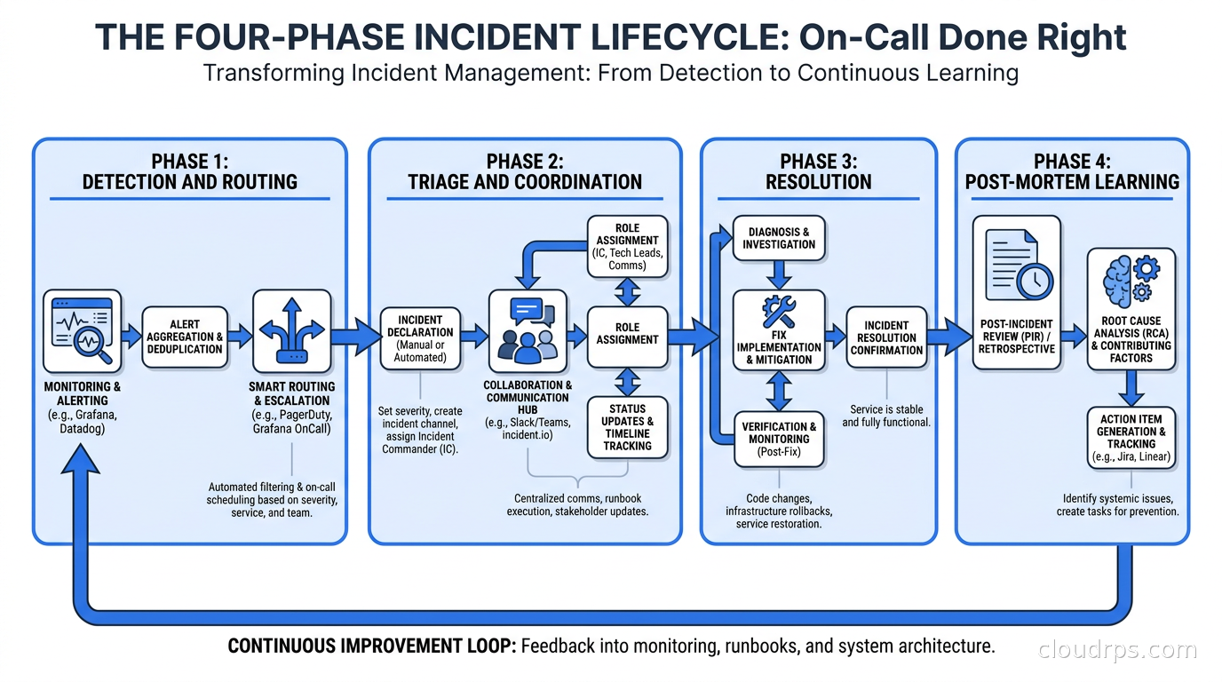The four-phase incident lifecycle: detection and routing, triage and coordination, resolution, and post-mortem learning