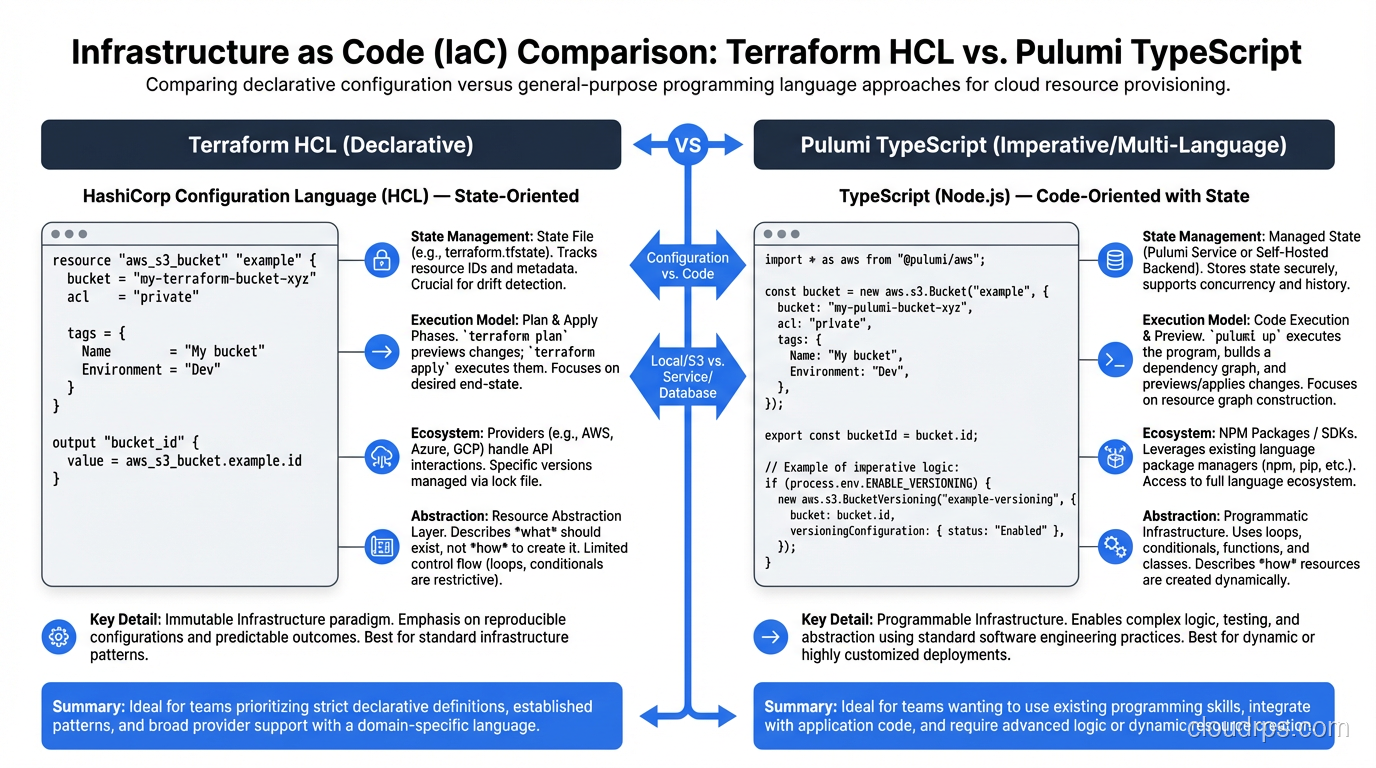 Comparison chart of Terraform HCL vs Pulumi TypeScript showing syntax differences and capabilities