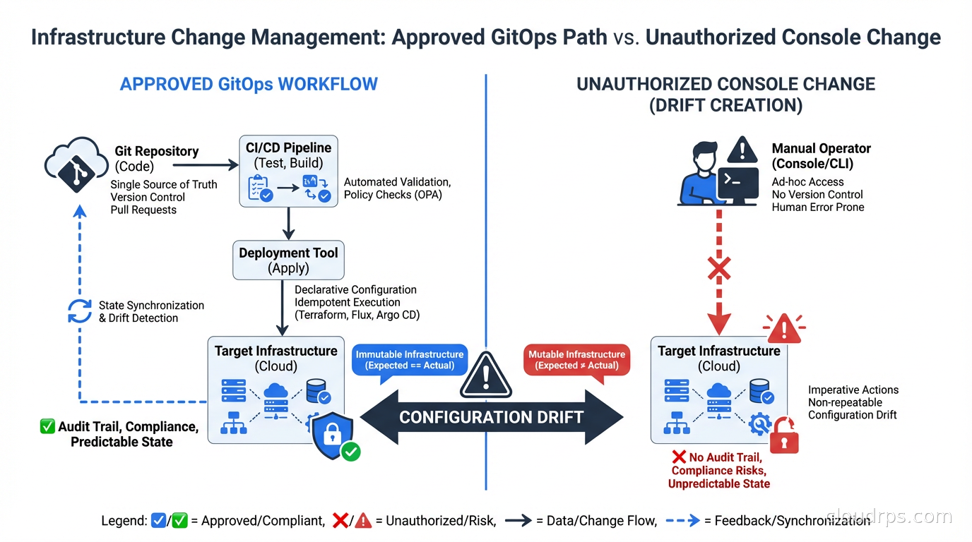 Infrastructure change flow showing approved GitOps path vs unauthorized console change and drift creation