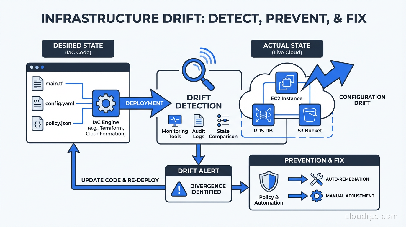 Infrastructure drift detection diagram showing divergence between IaC code and live cloud resources