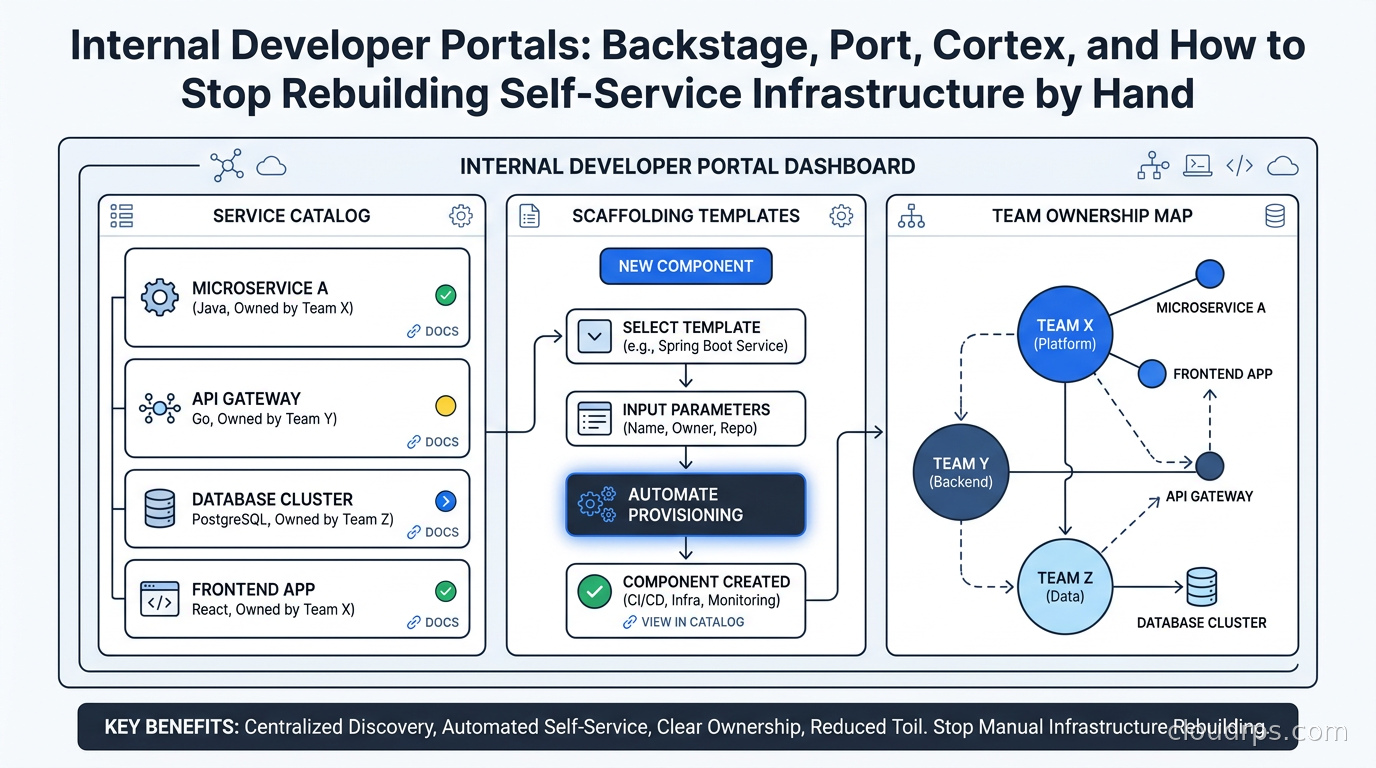 Internal developer portal dashboard showing service catalog, scaffolding templates, and team ownership map