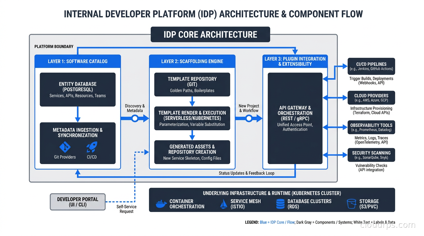 IDP architecture showing the software catalog, scaffolding engine, and plugin integration layers