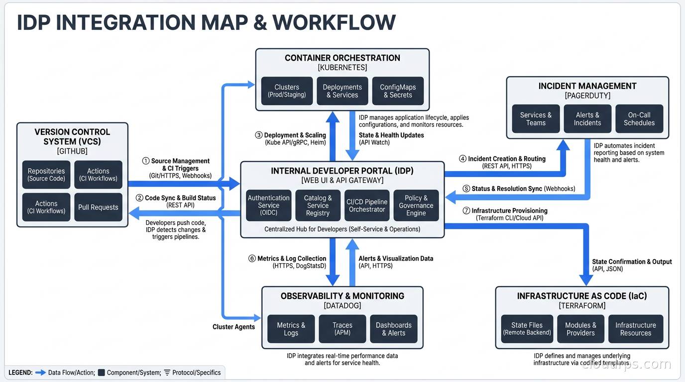 IDP integration map showing connections between the portal and GitHub, Kubernetes, PagerDuty, Datadog, and Terraform