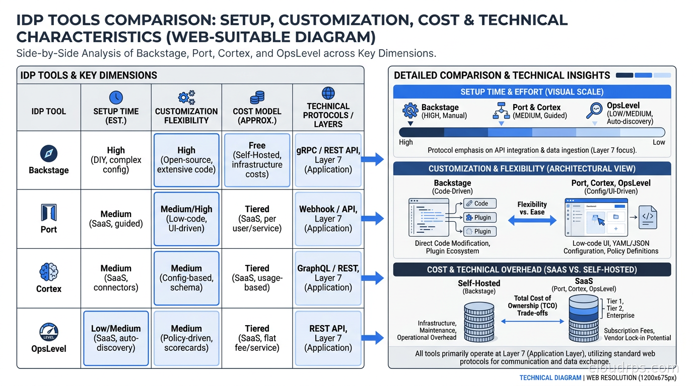 Comparison table of IDP tools showing Backstage, Port, Cortex, and OpsLevel across key dimensions of setup time, customization, and cost